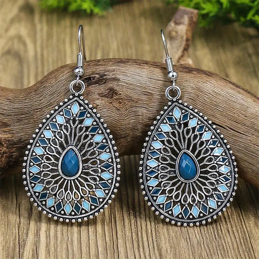 Retro Blue Mandala Drop Earrings
