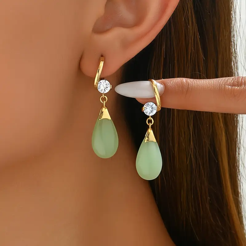 Retro Green Waterdrop Earrings with Gold Zirconia Accents