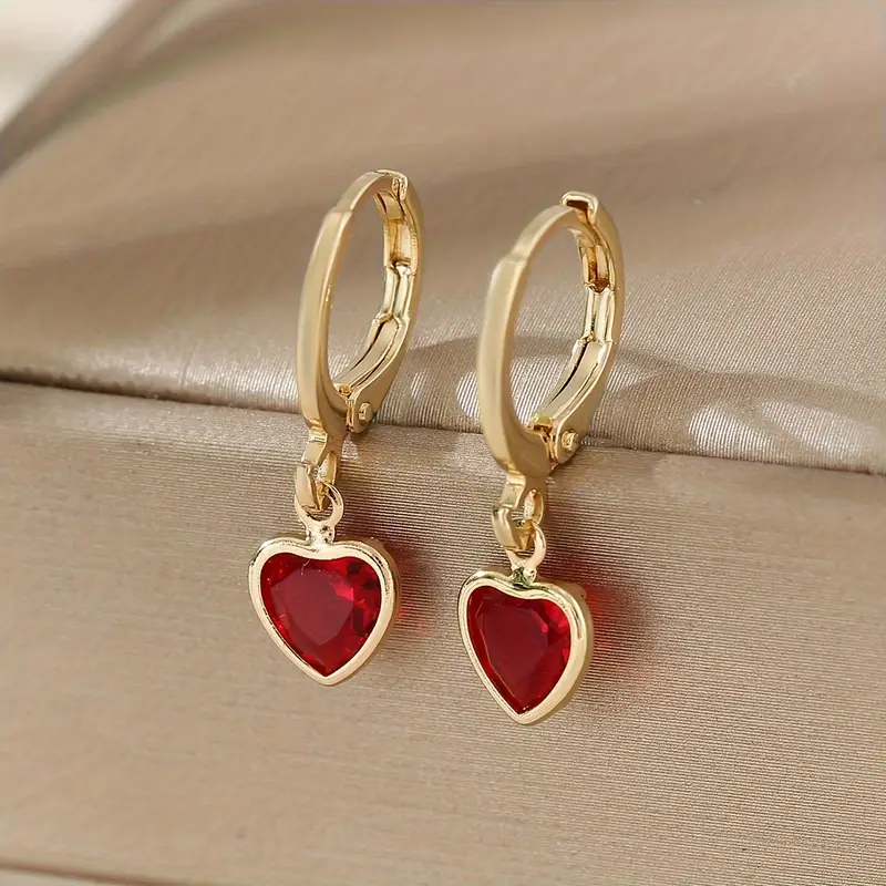 Retro Gold Earrings with Red Crystal Heart Design