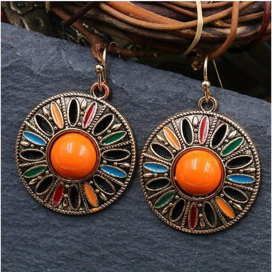 Retro Colorful Round Mandala Earrings
