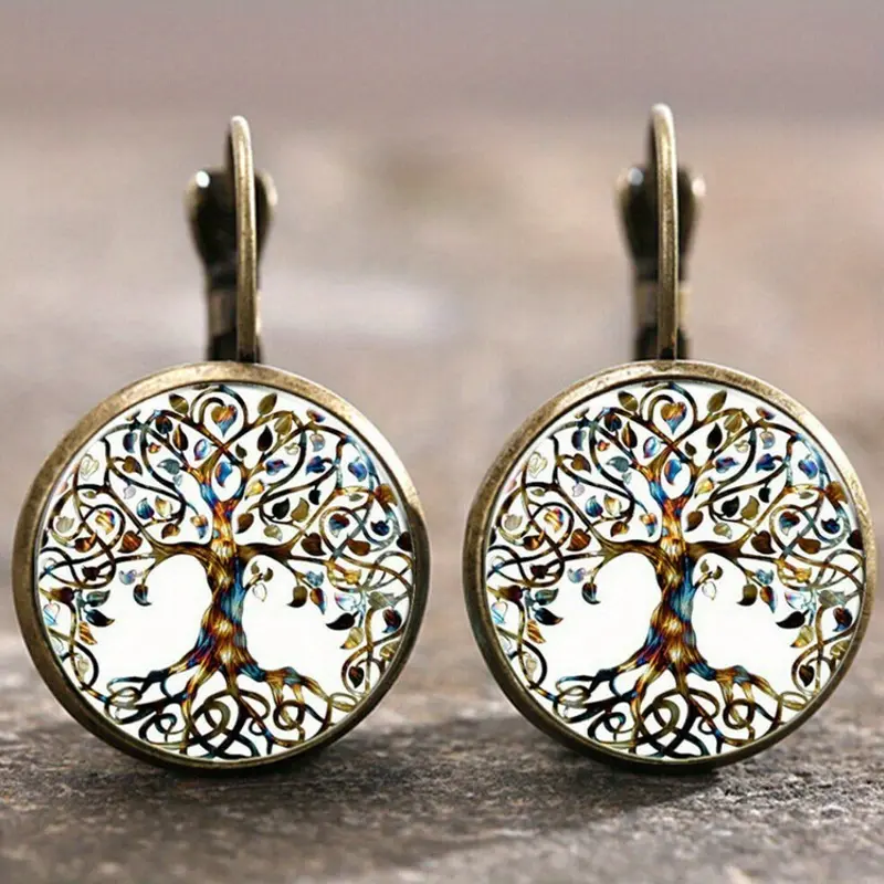 Retro White Circular Tree of Life Earrings