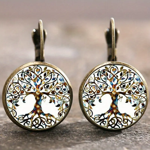 Retro White Circular Tree of Life Earrings
