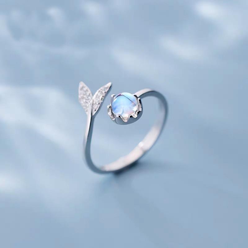 Silver Dolphin Tail Adjustable Ring with Blue Zirconia