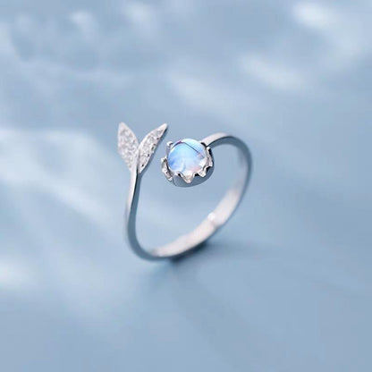 Silver Dolphin Tail Adjustable Ring with Blue Zirconia