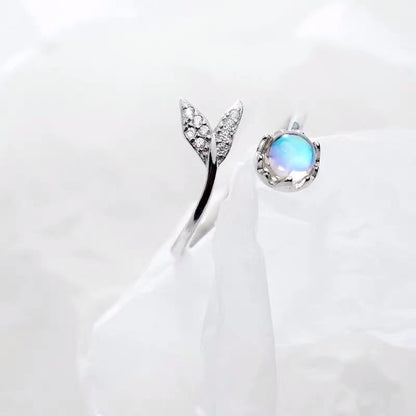 Silver Dolphin Tail Adjustable Ring with Blue Zirconia