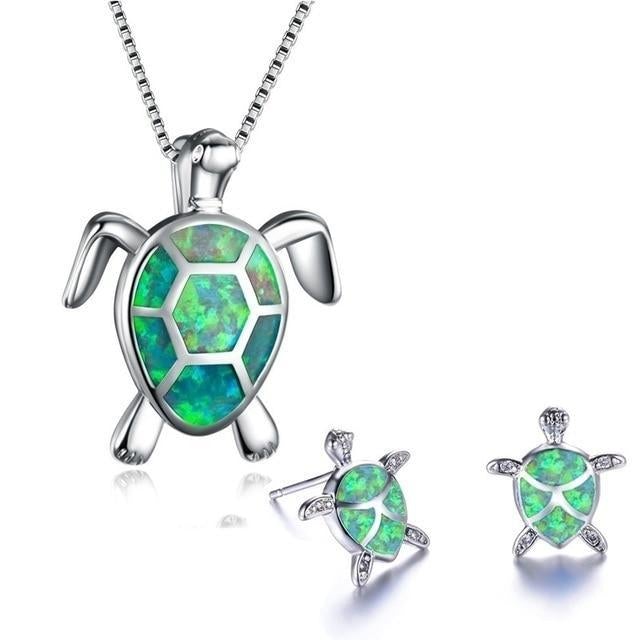Opal and Silver Sea Turtle Necklace and Earring Set