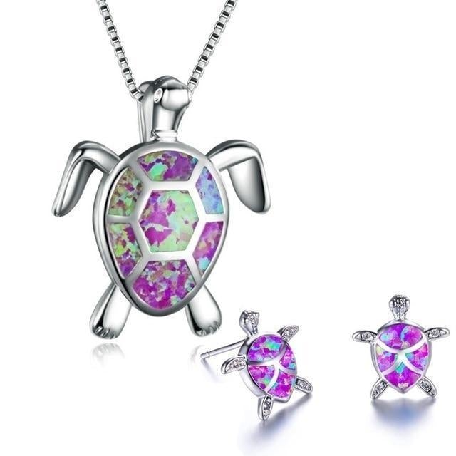 Opal and Silver Sea Turtle Necklace and Earring Set