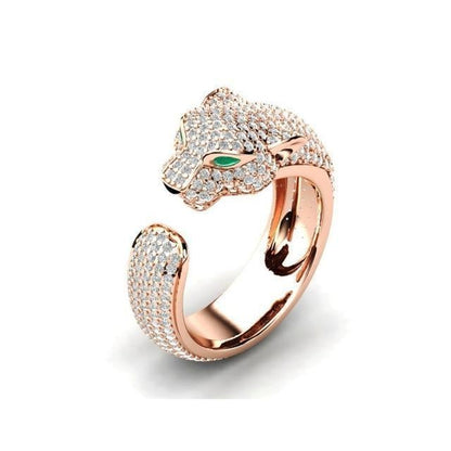 Adjustable Jaguar Ring Crafted in 18K Silver and Rose Gold with Green Zirconia Eyes