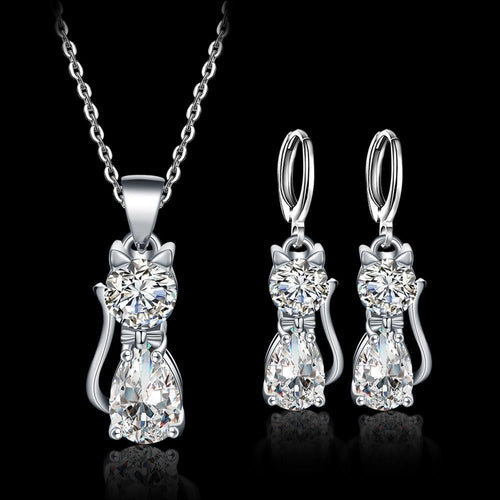 Sterling Silver Happy Cats Necklace and Earrings Set with Polished White Zirconium
