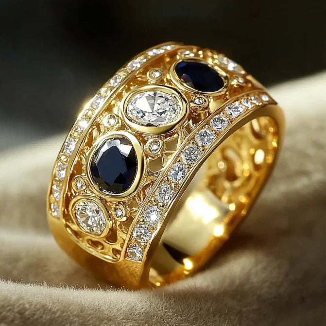 Retro Black Crystal Ring with Golden Zirconia Accents